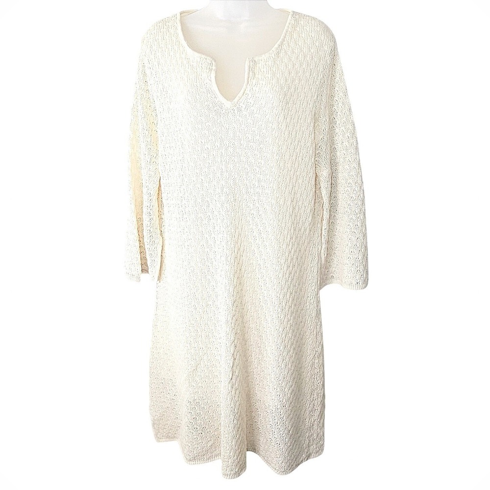 Isabella Bird 100%‎ Linen Textured Knit Dress XL Ivory Bell Sleeve Lined Boho
